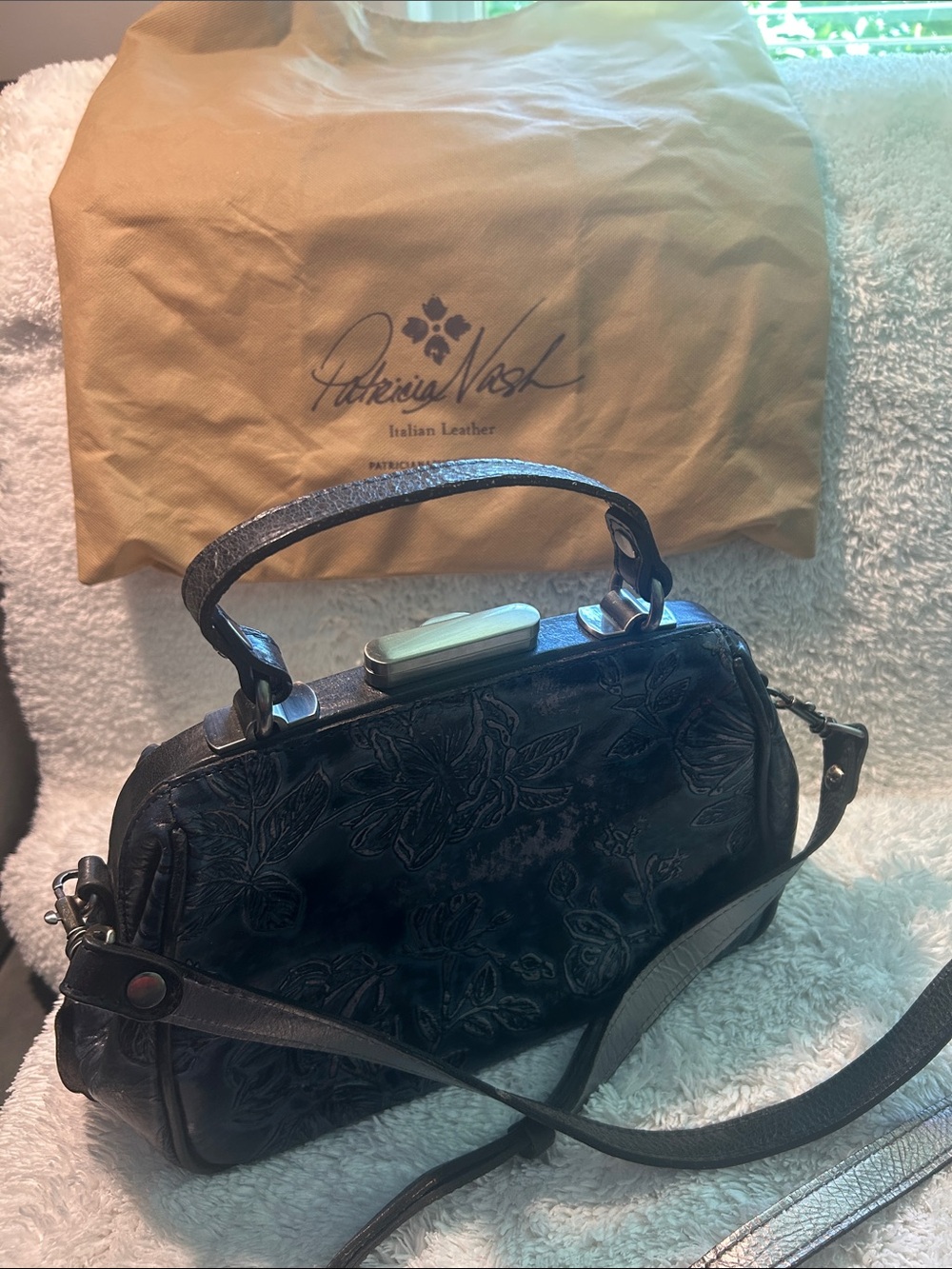 Patricia Nash Black Embossed Floral Leather Satchel with Top Handle.